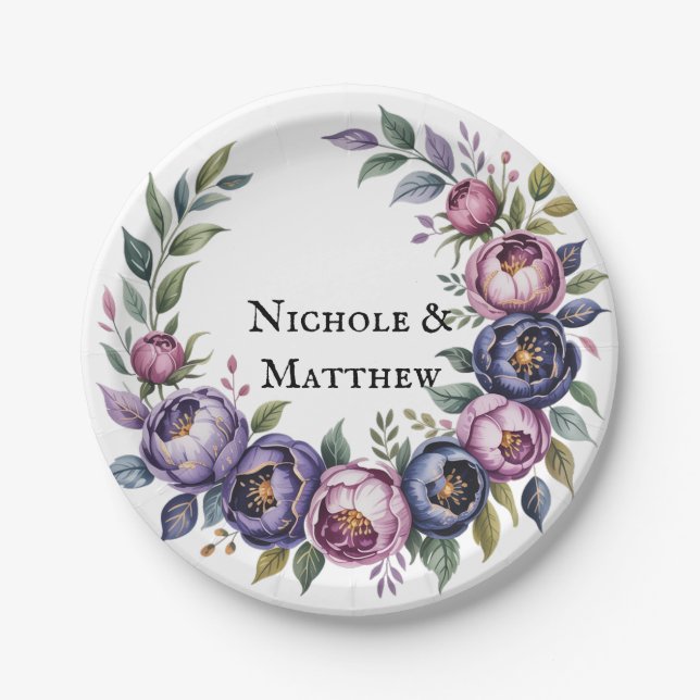 Elegante Lila und Magenta Peony Bouquet Wedding Pappteller (Vorderseite)