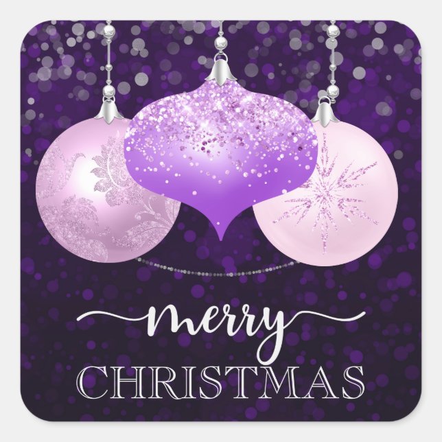 Elegante Lila und rosa Baubles Frohe Weihnachten Quadratischer Aufkleber (Vorderseite)