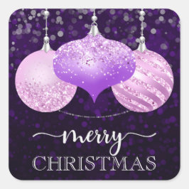 Elegante Lila und rosa Baubles Frohe Weihnachten Quadratischer Aufkleber