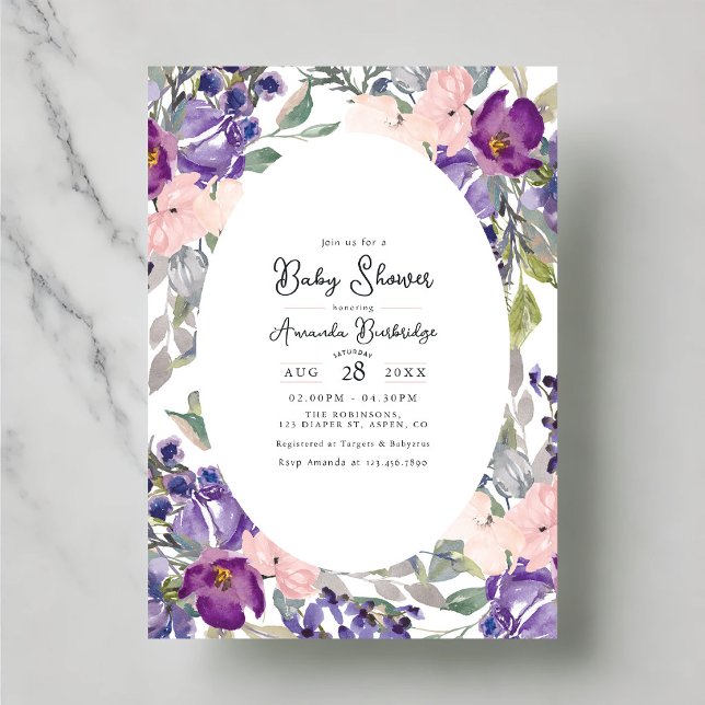 Elegante Lila und rosa Blütendusche Einladung (Elegant Purple and Pink Floral Baby Shower Invitation)