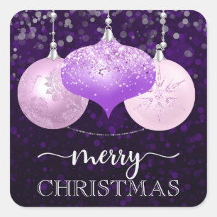 Elegante lila und rosa Christbaumkugeln Frohe Weih Quadratischer Aufkleber