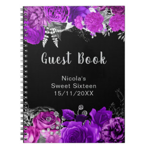 Elegante lila und silberne Blumen Sweet Sixteen Notizblock
