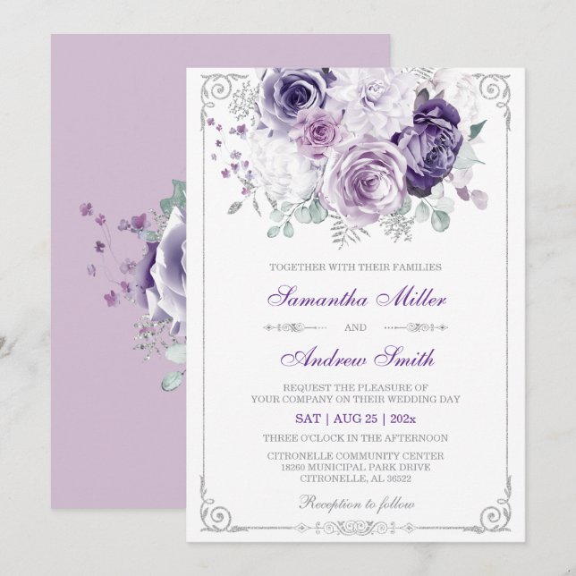 Elegante Lila und silberne Hochzeit Einladung (Vorne/Hinten)