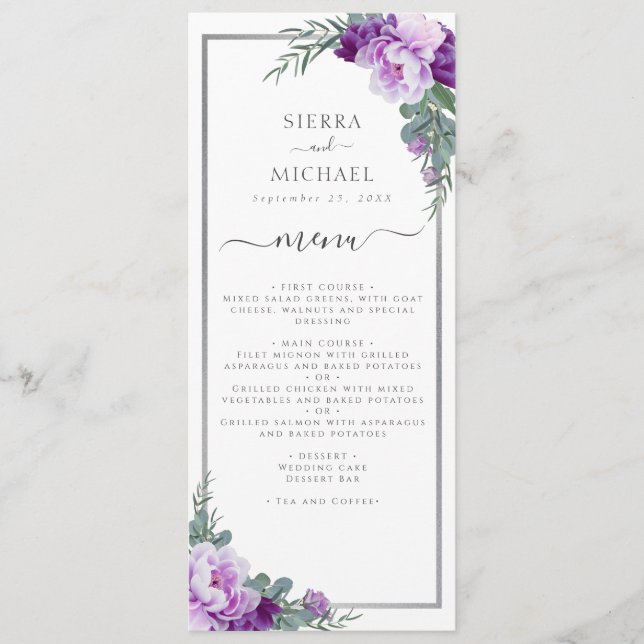 Elegante Lila und silberne Hochzeitsempfehlung Menükarte (Vorderseite)