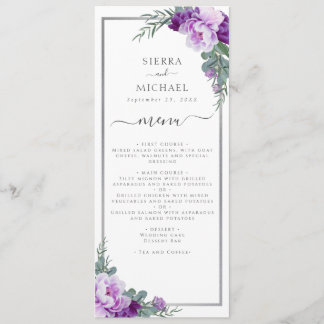 Elegante Lila und silberne Hochzeitsempfehlung Menükarte