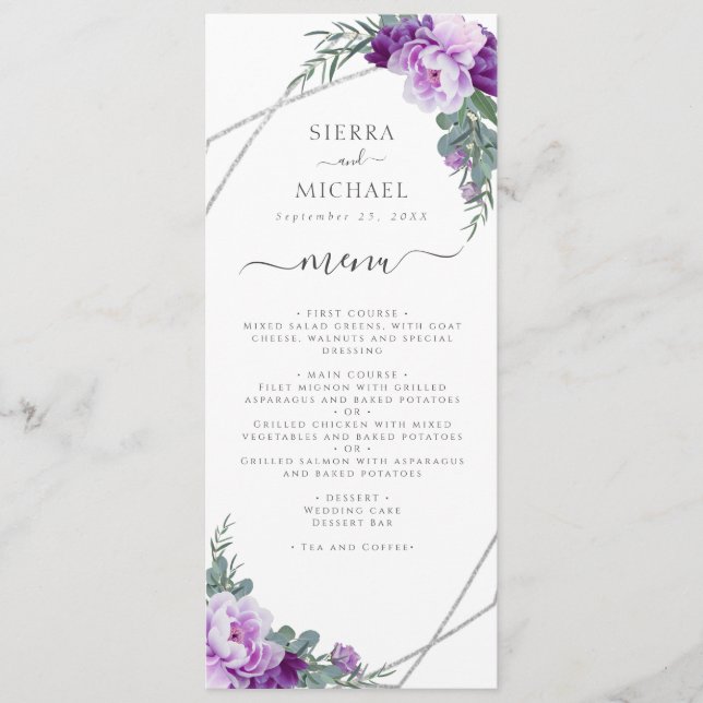 Elegante Lila und silberne Hochzeitsempfehlung Menükarte (Vorderseite)