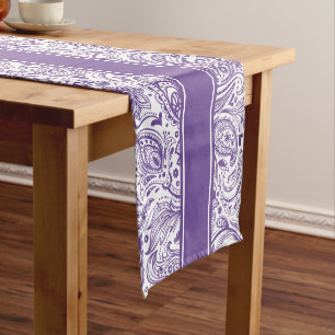 Elegante Lila und weiße Flora Paisley & Stripes Kurzer Tischläufer