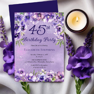 Elegante lila Veilchen Blumen 45. Geburtstagsfeier Einladung