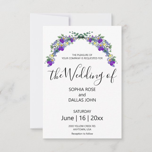 Elegante lila Veilchen-Eukalyptus-Hochzeit Einladung (Vorderseite)