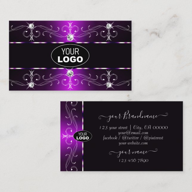 Elegante, Lila Verzierte Grenzen mit Logo Visitenkarte (Vorne/Hinten)