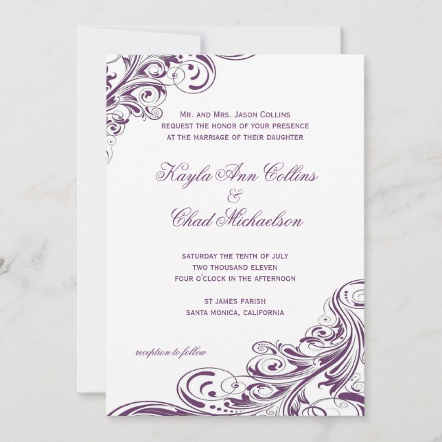 Elegante Lila Verzierte Hochzeit Einladung (Vorderseite)