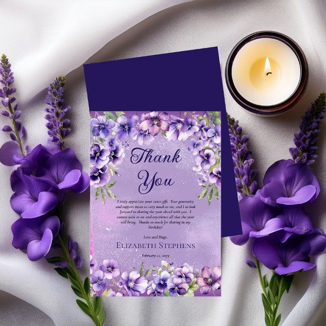 Elegante Lila Violets Blumengeburt Party Dankeskarte (Boho Elegant Purple Violets Floral Birthday Party (or Other Occasion) Thank You Card)