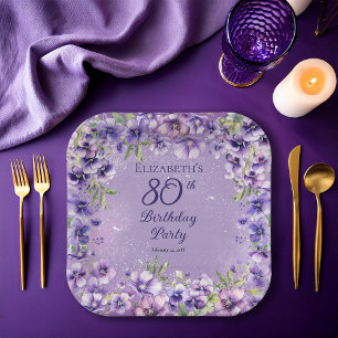Elegante Lila Violets Floral 80. Geburtstagsparty Pappteller