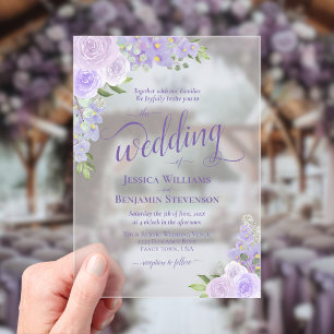 Elegante lila violette Boho-Rosen Hochzeit Acryleinladungen
