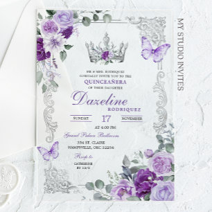 Elegante lila violette Kronen-Quinceanera Acryleinladungen