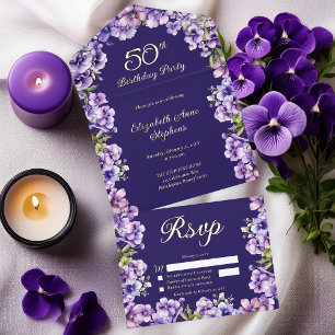 Elegante Lila Violetten Floral 50. Geburtstagspart All-in-One-Einladung