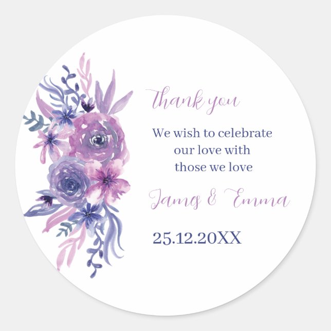 Elegante Lila Wasserfarben Blume Custom Wedding Runder Aufkleber (Vorderseite)