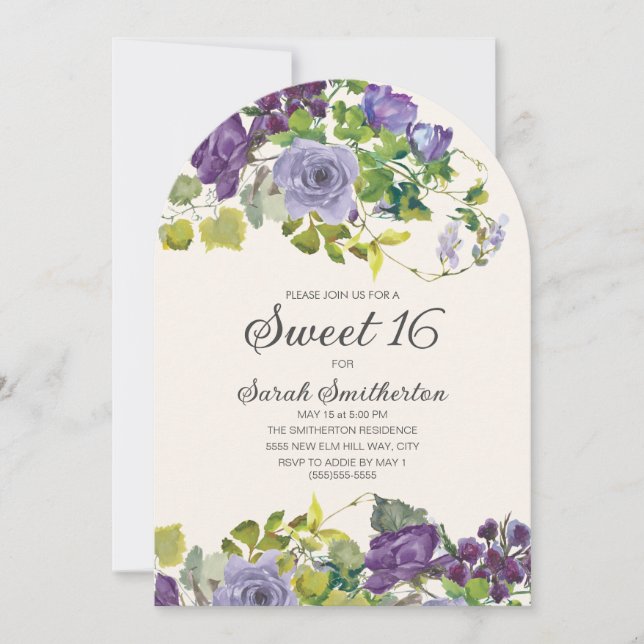 Elegante Lila Wasserfarben Blütenreben Süß 16 Einladung (Vorderseite)