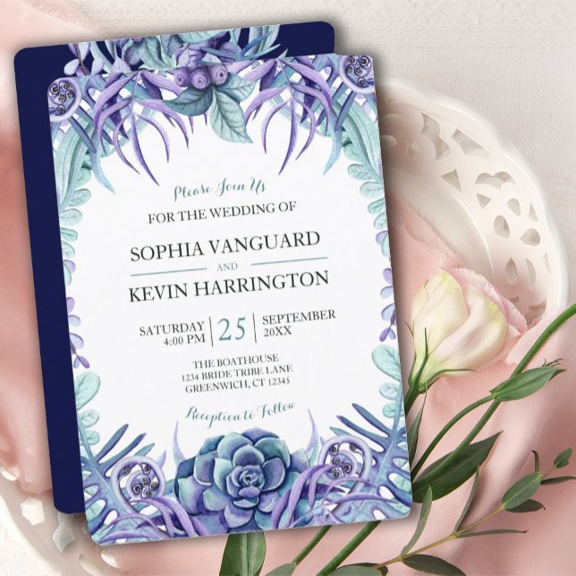 Elegante Lila Wasserfarben Sukkulente Blumenhochze Einladung (ELEGANT PURPLE WATERCOLOR SUCCULENT WEDDING INVITATION)