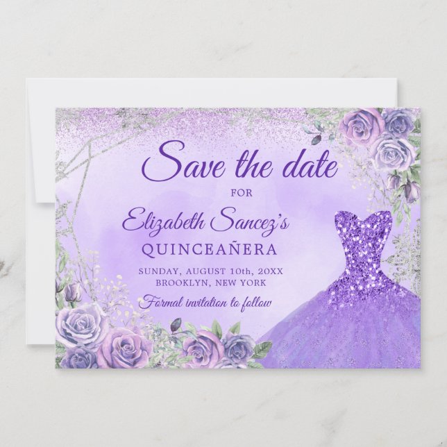 Elegante Lila Weihnachts-Mis-Quince Save the Date Einladung (Vorderseite)