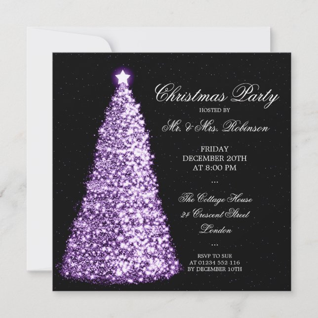 Elegante Lila Weihnachtsbaumparty Einladung (Vorderseite)