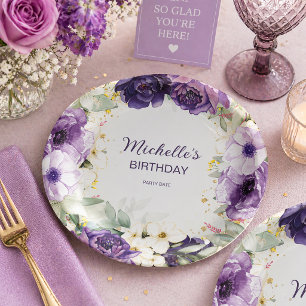Elegante lila weiße Blumen Glitter Geburtstagsname Pappteller