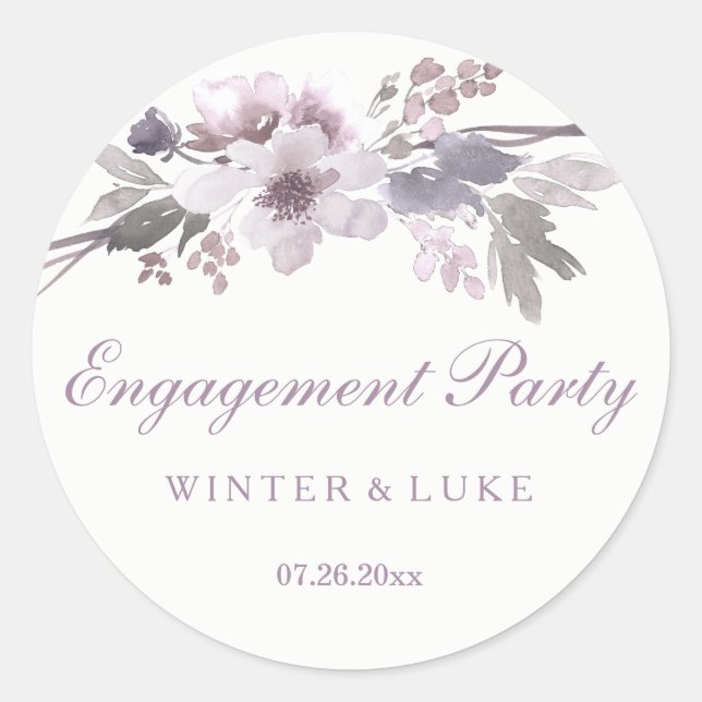 Elegante Lila Winter Floral Engagement Party Runder Aufkleber (Vorderseite)