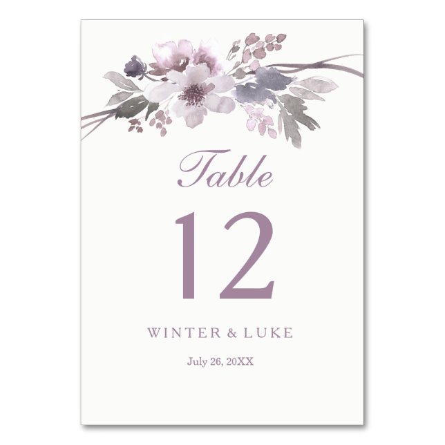 Elegante Lila Winter Floral Wedding Table Card Tischnummer (Vorderseite)