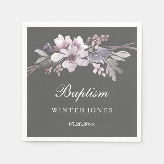 Elegante Lila Winter Gray Floral Taufe Serviette (Vorderseite)