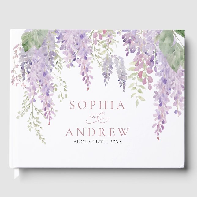 Elegante Lila Wisteria Blume Hochzeit Gästebuch (Vorderseite)