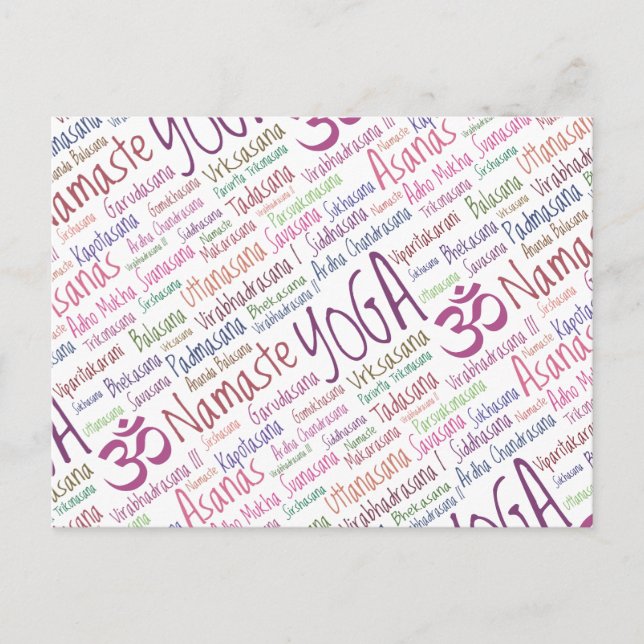 Elegante Lila Yoga-Positionen Word Cloud-Muster Postkarte (Vorderseite)
