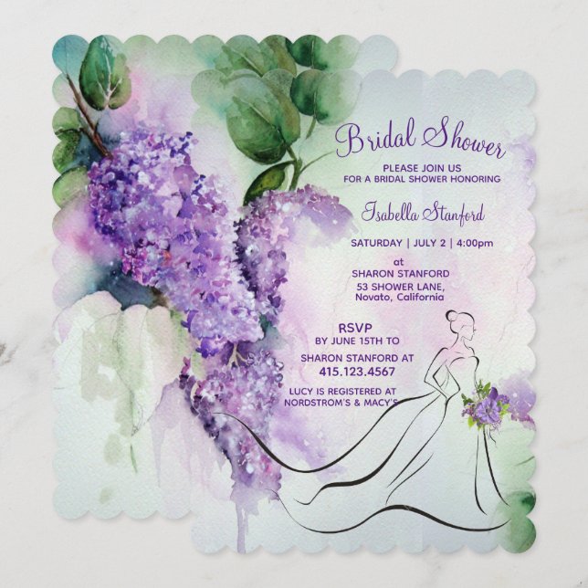 Elegante Lilac Blume Bridal Dusche Einladung (Vorne/Hinten)