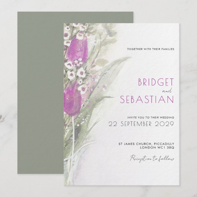 Elegante Lilac Blumen & Salbei Hochzeit Einladung (Vorne/Hinten)