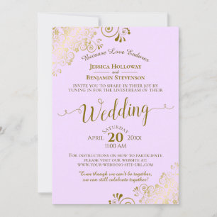 Elegante Lilac Lila Gold Lace Wedding Livestream Einladung