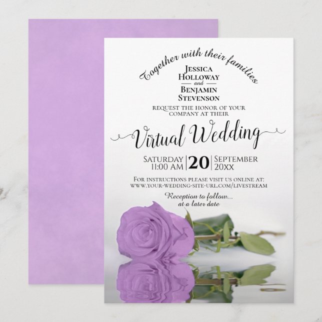 Elegante Lilac Lila Romantische Rose Virtual Weddi Einladung (Vorne/Hinten)