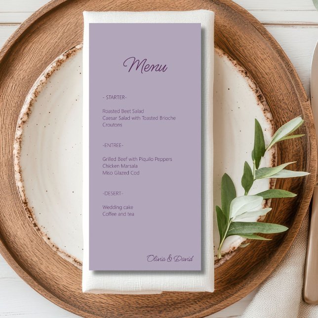 Elegante lilac Minimalistisch Wedding Menükarte (Von Creator hochgeladen)