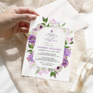 Élégante Lilac Purple Fleurs Baptême Invitation