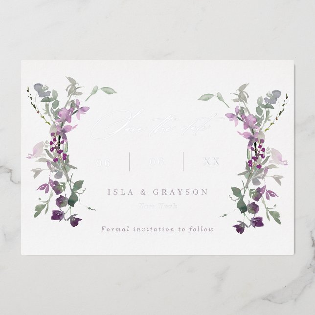 Elegante Lilac-Wildblumen, die das Datum speichern Folieneinladung (Vorderseite)