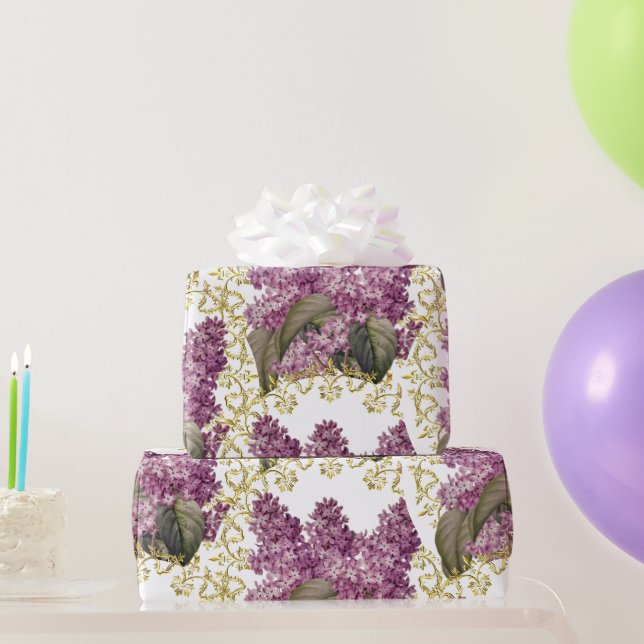 Elegante Lilacs mit Gold Filigree Floral Geschenkpapier (Partygeschenke)