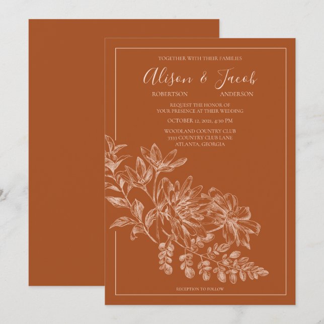 Elegante Line Gezeichnet Floral Terra Cotta Weddin Einladung (Vorne/Hinten)