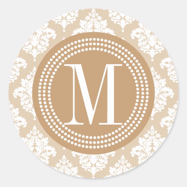 Elegante Linen Beige Damask Personalisiert Runder Aufkleber (Vorderseite)