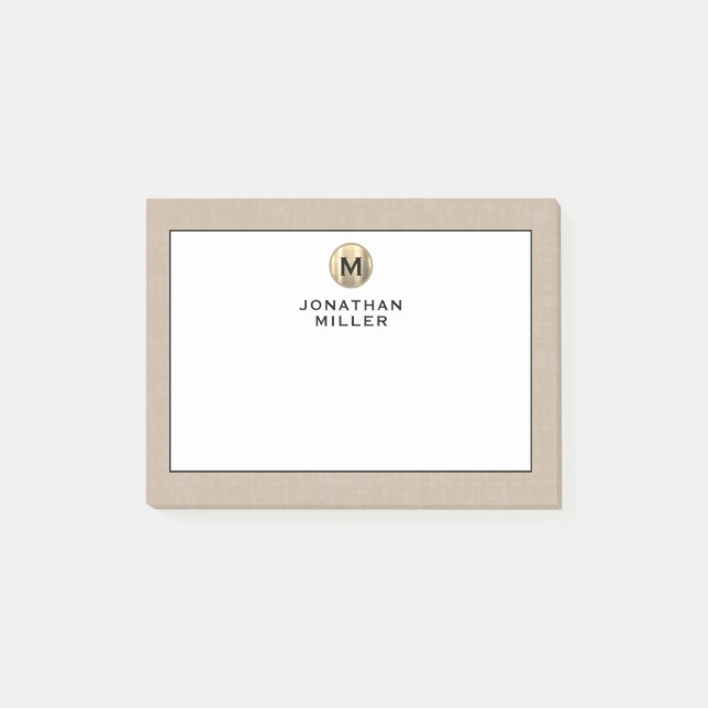 Elegante Linen Gold Monogram Post-it Klebezettel (Vorderseite)