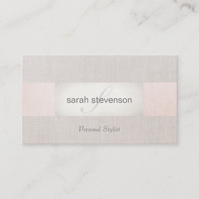 Elegante Linen Streifen, Beige und rosa Monogramm Visitenkarte (Vorderseite)