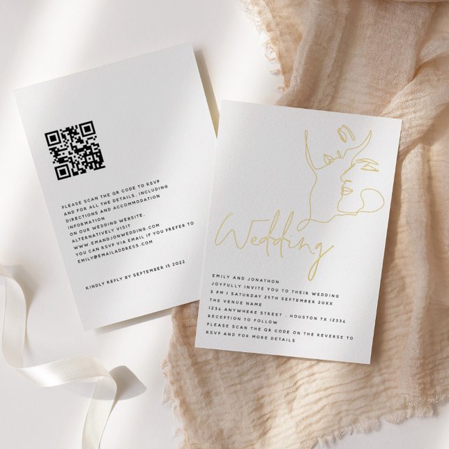 Elegante Linie Art Faces QR Wedding Real Folieneinladung (Von Creator hochgeladen)