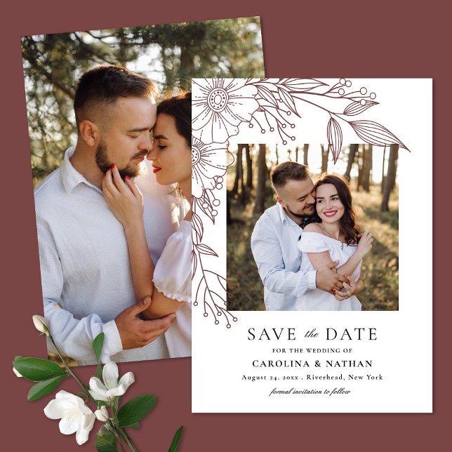 Elegante Linie Gezeichnet Blumenrost 2 Foto Hochze Save The Date (Von Creator hochgeladen)