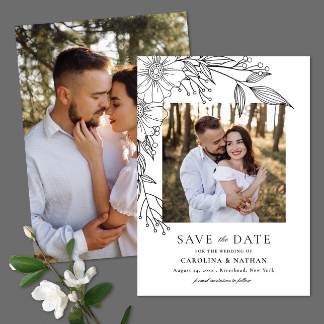 Elegante Linie Gezeichnet Floral Black 2 Foto Hoch Save The Date (Von Creator hochgeladen)