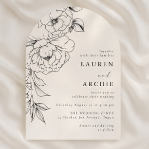 Elegante Linienkunst Blumen Hochzeit in Schwarz-We Einladung