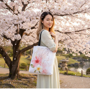 Elegante Linienkunst Frau mit tropischen Blumen – Tasche