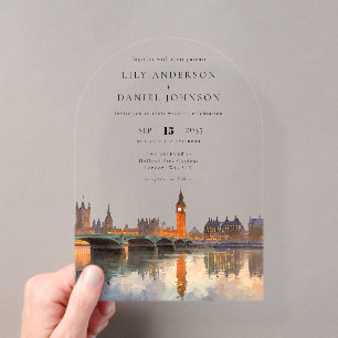 Elegante Londoner Skyline-Aquarell-Hochzeitsbogen Acryleinladungen
