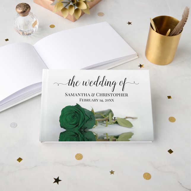 Elegante Long-Stemmed Emerald Green Rose Wedding Gästebuch (Vorderseite Offen)